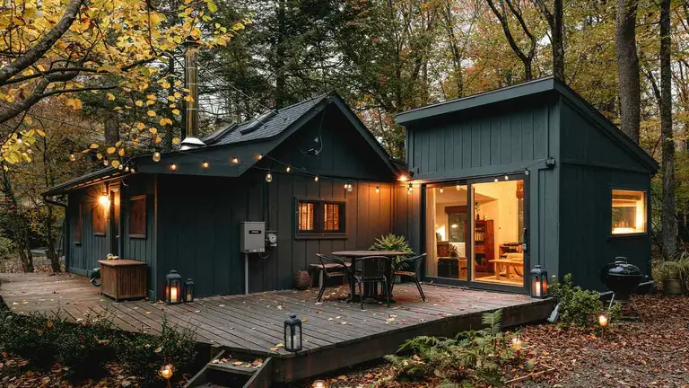 Cabin lit with string lights at dusk, a purchase that starts by opening escrow